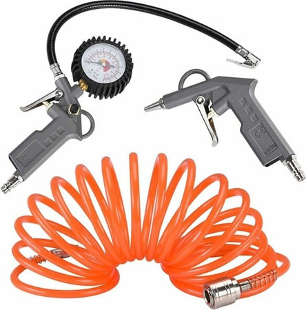 Kit-Compressore-Doppia-Pistola-Soffiaggio-Aria-Compressa-Tubo-5mt-Manometro-3pz