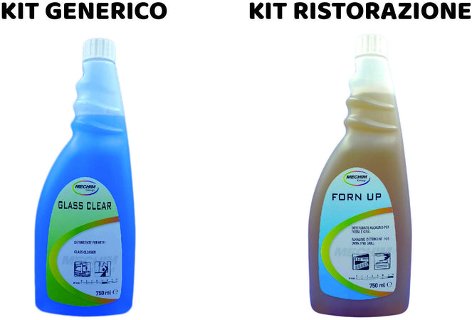 Kit Detergenza per Ristorazione o Generico Multiambiente 1Gel Igienizzante Mani +1Cloroattivo +1 Det. Base Alcool +1Igienizzante Profumato +1Anticalcare +1Decarbonizzante +1Det. Vetri Ecc. Mechim