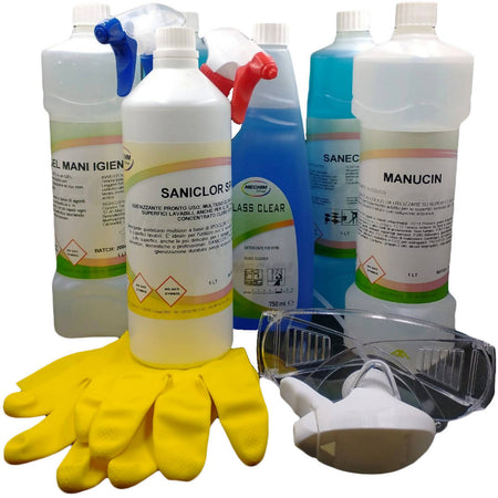 Kit Detergenza per Ristorazione o Generico Multiambiente 1Gel Igienizzante Mani +1Cloroattivo +1 Det. Base Alcool +1Igienizzante Profumato +1Anticalcare +1Decarbonizzante +1Det. Vetri Ecc. Mechim