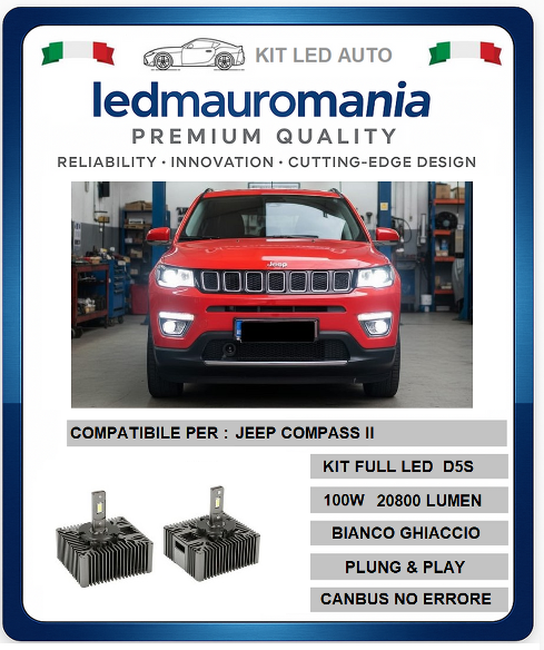 KIT LED JEEP COMPASS II D5S 100W CANBUS 6000K CONVERSIONE BI-XENON LUCE BIANCO FREDDO