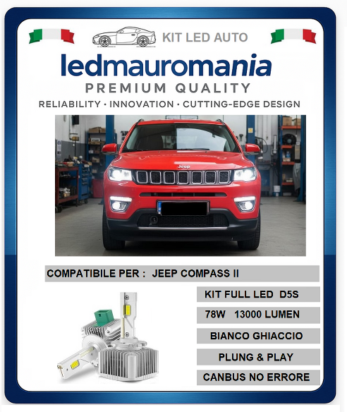 JEEP COMPASS II KIT LED D5S 78W CANBUS 6000K CONVERSIONE BI-XENON LUCE POTENTE E MODERNA