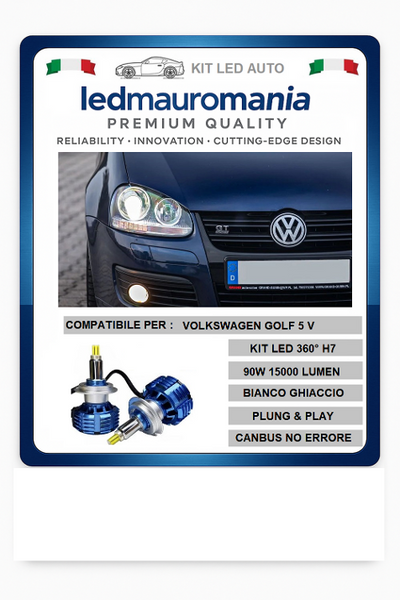 KIT LED PER VOLKSWAGEN GOLF 5 BIANCO GHIACCIO 360° 90W 15000LUMEN CANBUS NO ERRORE