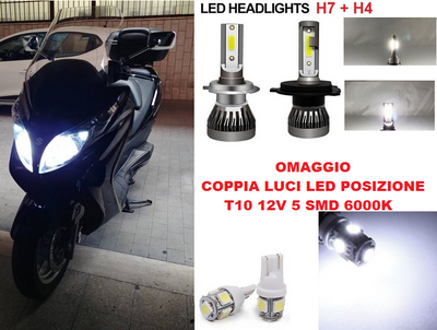 Coppia Luci Kit LED Per Moto Scooter Burgman Suzuki 2 Lampade H7+H4 SMD SUPER SLIM Omaggio Regalo Luci Posizione T10 Bianco 6000K