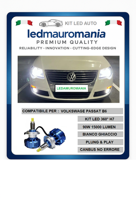 KIT LED H7 PER VOLKSWAGEN PASSAT B6 NO ERROR CANBUS 6000K 90W 15000LUMEN BIANCO FREDDO