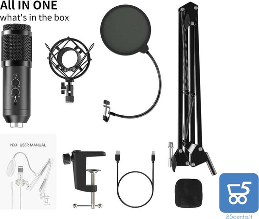 Kit Microfono a Condensatore Cardioide per Podcasting Voice Over Streaming YouTube per Computer Desktop Laptop MAC o Windows Android iOS USB