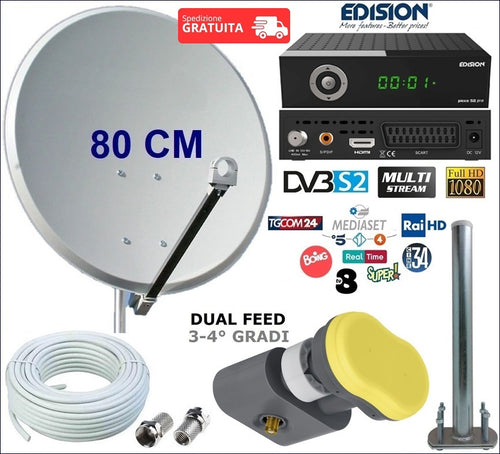 Kit Decoder EDISION PICCO S2 PRO Multistream con Parabola 80 CM ed LNB Monoblocco Single 3 4 gradi per la ricezione in chiaro dei canali digitale terrestre via satellite
