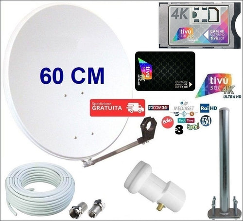 Kit satellitare da 60 CM per ricezione canali Tivùsat con modulo CAM Ci+ e Tessera Tivusat 4K ULTRA HD