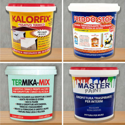Kit-Pareti-Umide-e-Fredde-(senza-muffa)-per-4/5-mq:-Kalorfix-lt.1-+-FreddoStop-lt.1-+-TermicaMix-lt.1-+-MasterPaint-lt.1