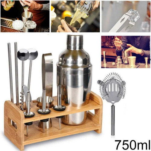 Kit-Per-Cocktail-Barman-Bartender-Shaker-Mixer-Acciaio-750ml-Supporto-In-Legno