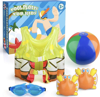 Kit Piscina per Bambini con Giubbotto Gonfiabile 2 Braccioli Occhialini e Una Palla +3 anni