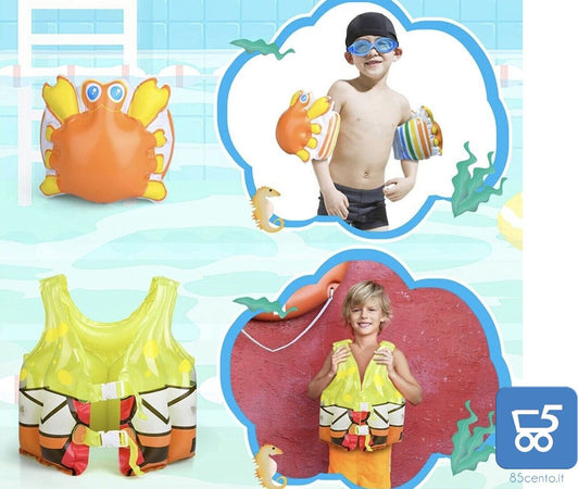 Kit Piscina per Bambini con Giubbotto Gonfiabile 2 Braccioli Occhialini e Una Palla +3 anni