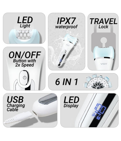 Kit Professionale Epilatore Da Donna 6 In 1 Display Led Ipx7 Impermeabile V-733