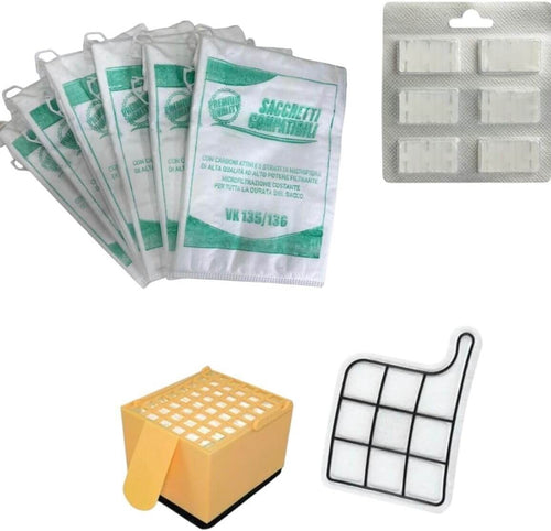 Kit Risparmio Folletto VK135/136 Adattabile 1 Filtro Hepa 1 Griglia 6 Sacchetti 6 Profumi