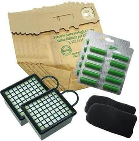 Kit Risparmio Ricambi Folletto Compatibili VK130 VK131 12 Sacchetti 20 Profumi 2 Filtri Carbone Attivo 2 Microfiltri Hepa