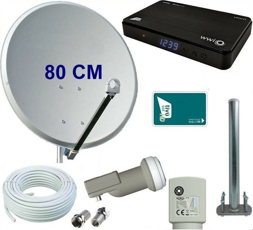 Kit-satellitare-da-80-CM-per-ricezione-canali-Tivùsat-con-decoder-WWIO-UNICO-ed-LNB-Single-con-Sat-Finder-e-Bussola-integrati