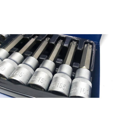 Kit Set Inserti Chiavi 19 Pezzi Bussole Chiavi Torx Maschi 1/4" 1/2" In Valigia