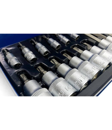 Kit Set Inserti Chiavi 19 Pezzi Bussole Chiavi Torx Maschi 1/4" 1/2" In Valigia