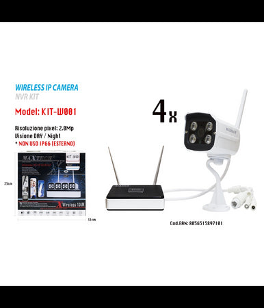 Kit Telecamere Videosorveglianza Wifi Wireless Hd Ip Nvr Fino 100m Maxtech Kit-w001