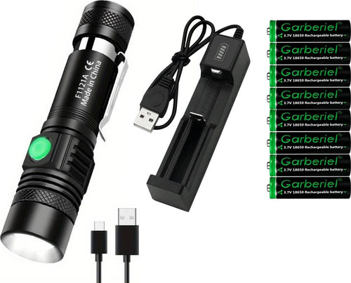 Kit Torcia Tattica Ricaricabile USB-C Zoom Telescopico CaricaBatterie + 8 Batterie