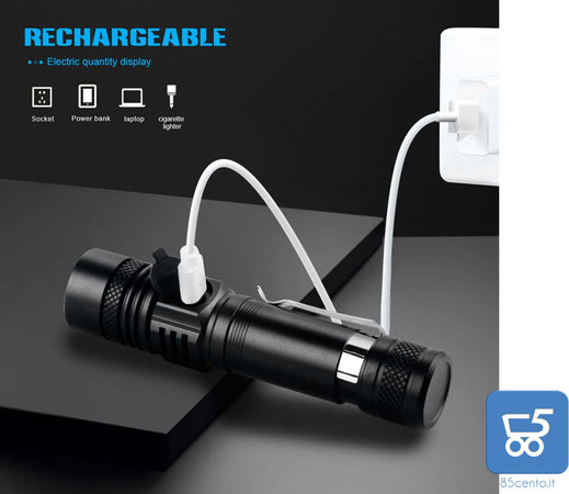 Kit Torcia Tattica Ricaricabile USB-C Zoom Telescopico CaricaBatterie + 8 Batterie