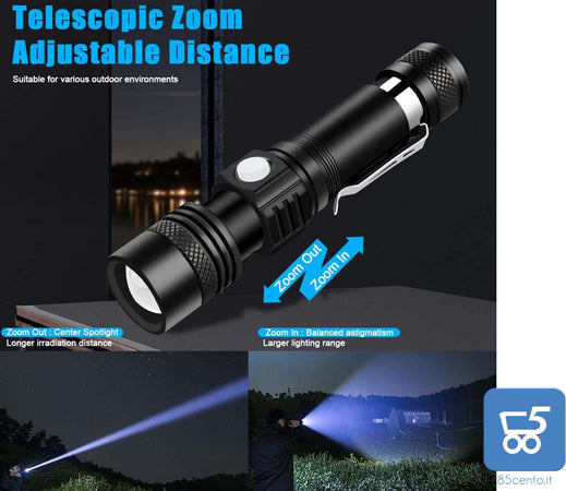 Kit Torcia Tattica Ricaricabile USB-C Zoom Telescopico CaricaBatterie + 8 Batterie