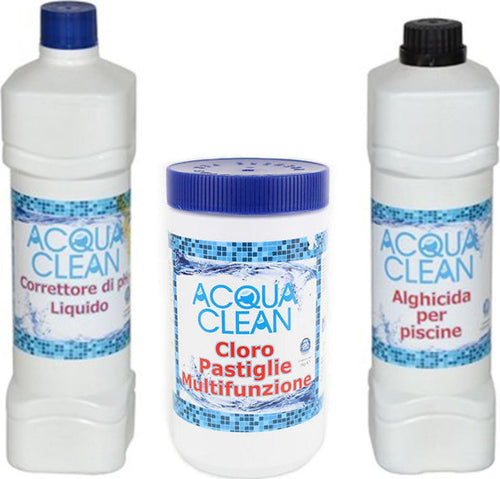 Kit trattamento base per acqua Piscina con cloro multifunzione, alghicida e correttore ph +