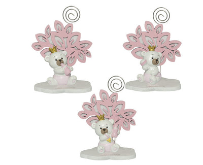 Bomboniera in resina Albero Rosa con Orsetto 3D e bimba con corona, clip porta memo e confezione regalo inclusa