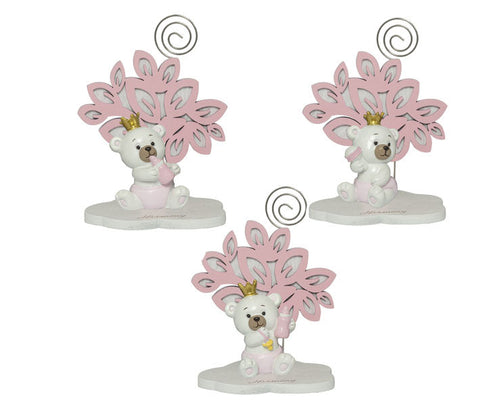Bomboniera in resina Albero Rosa con Orsetto 3D e bimba con corona, clip porta memo e confezione regalo inclusa