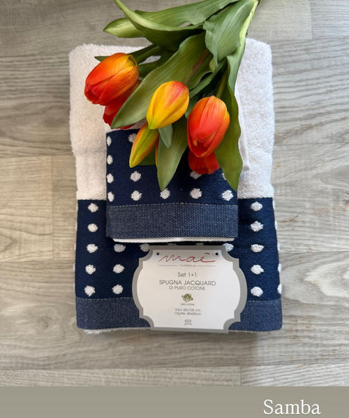 Set Asciugamani 1+1 Via Roma 60 Samba Pois – Spugna di Cotone Jacquard 420 gr/m²