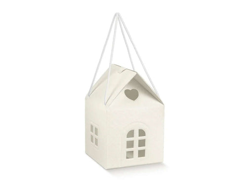 Casetta Florentina in cartoncino teso bianco con motivo matalassé, finestre laterali e cordino in cotone, misura 20x20x18 cm, confezione elegante per confetti o regali.