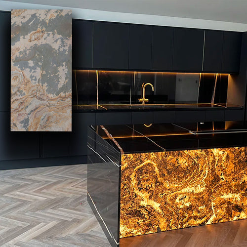 pannello rivoluzionario di Rivestimento interno-esterno in VERA PIETRA RETROILLUMINABILE flessibile 61x122x0,3cm LAGO - Eternal Parquet