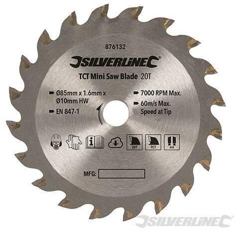Lama in TCT con punte al carburo di tungsteno per sega mini foro 10 denti 20 Silverline 85mm