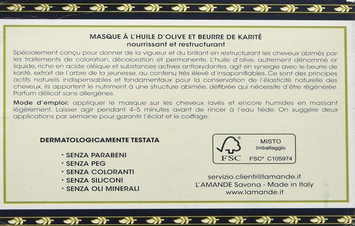 L'amande - Maschera per Capelli All'olio D'oliva E Burro Di Karite' - Nutriente E Ristrutturante 300 ml