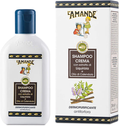L'AMANDE - Shampoo Antiforfora Professionale con Vitamina E e Olio di Calendula, Shampoo Cute Grassa Bio ad Azione Purificante, Shampoo Uomo e Donna Delicato e Idratante in Crema - Liquirizia, 200 ml