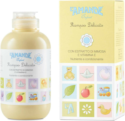 L'amande - Shampoo Bambini E Neonati Con Vitamina E Ed Estratto Di Mimosa, Gel Detergente Neonato Delicato E Idratante Per Pelli Sensibili, Sapone Liquido Capelli Morbidi E Vellutati - Enfant, 200 Ml