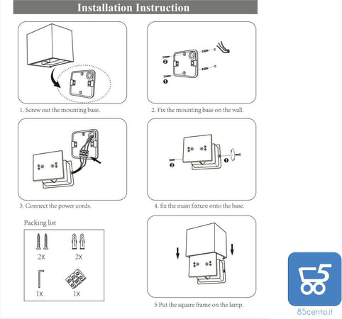 Lampada 12W da parete a LED con Angolo di Illuminazione Regolabile Applique per Esterni Interni COB Quadrato 10CM Bianco Luce bianco caldo 3000K [Classe di efficienza energetica A+]