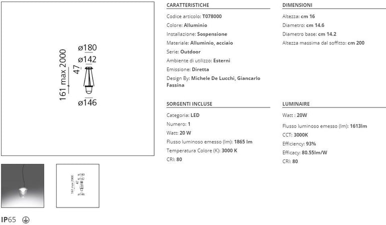 Lampada a sospensione per esterni LED Artemide Tolomeo Lampione Outdoor