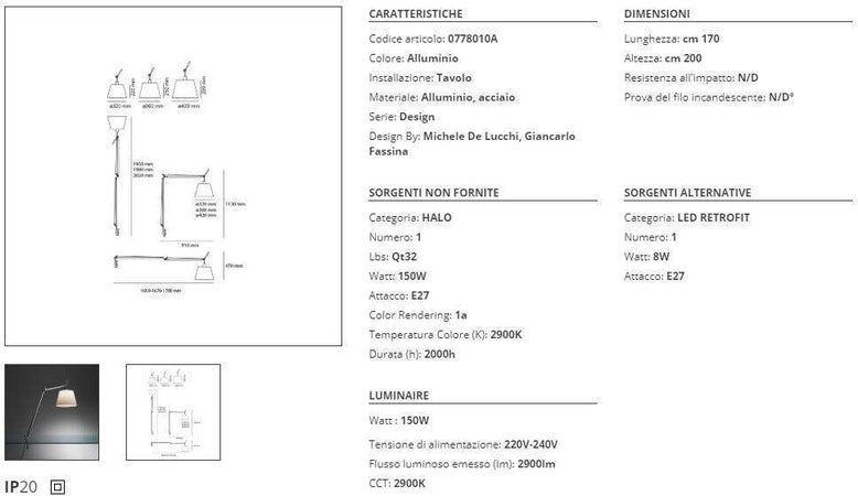 Artemide Tolomeo Mega Alluminio e Pergamena Dimmer con morsetto Lampada da Tavolo
