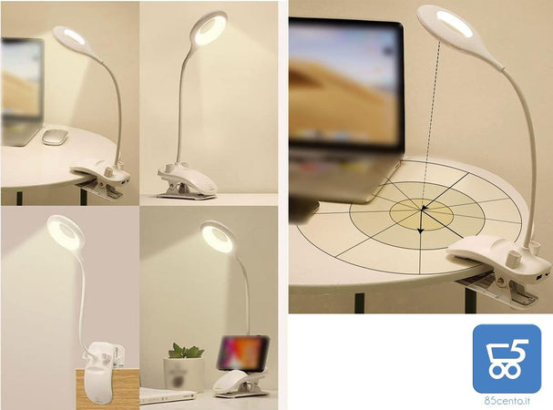 Lampada da Tavolo LED Touch Dimmerabile Flessibile con Morsetto Portapenne Ricaricabile USB 4800 mAh - Colore Azzurro