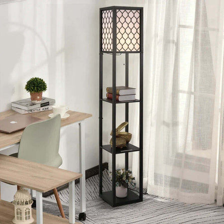 Lampada-da-Terra-a-Colonna-in-MDF-e-Plastica-con-2-Ripiani,-per-Soggiorno,-Studio-e-Camera-da-Letto,-26x26x156-cm-UJ6B31-321V90UJ6