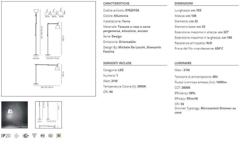 Lampada da terra Artemide Tolomeo Floor Mega LED alluminio, dimm.