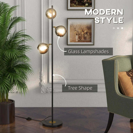 Lampada-da-Terra-in-Metallo-ad-Albero-con-3-Paralumi-in-Vetro,-Ø36x162-cm,-Nero-e-Grigio-WL5B31-464V90BKWL5