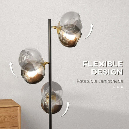 Lampada-da-Terra-in-Metallo-ad-Albero-con-3-Paralumi-in-Vetro,-Ø36x162-cm,-Nero-e-Grigio-WL5B31-464V90BKWL5