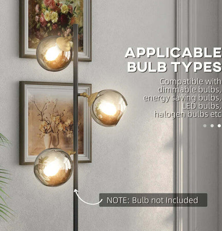 Lampada-da-Terra-in-Metallo-ad-Albero-con-3-Paralumi-in-Vetro,-Ø36x162-cm,-Nero-e-Grigio-WL5B31-464V90BKWL5