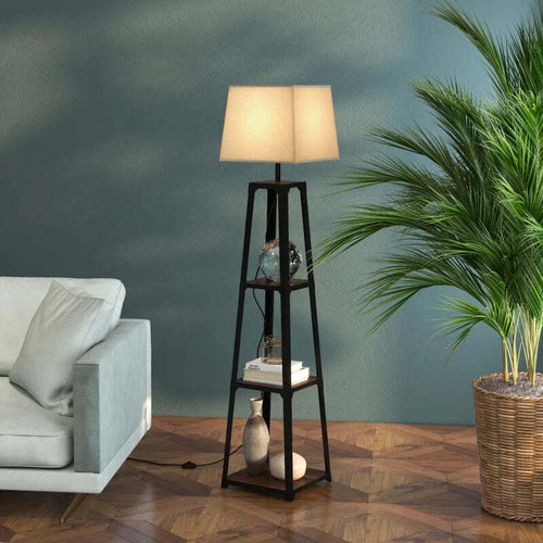 Lampada-da-Terra-in-Metallo-e-MDF-a-3-Ripiani-con-Paralume-in-Tessuto,-Ø42x166-cm,-Nero-e-Beige-QL2Lampada-da-Terra-in-Metallo-e-MDF-a-3-Ripiani-con-Paralume-in-Tessuto,-Ø42x166-cm,-Nero-e-Beige-QL2B31-466V90BKQL2