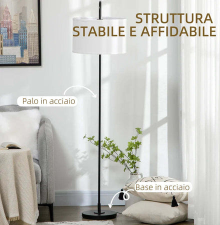 Lampada-da-Terra-Moderna-in-Acciaio-con-Paralume-in-Tessuto-Effetto-Lino,-64x38x163.5-cm,-Bianca-e-Nera-TG5B31-329TG5