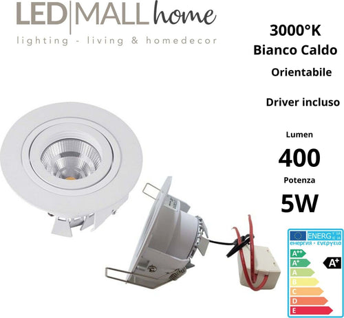 Lampada Faretto LED tondo orientabile bianco 5W  luce calda driver inclusi design ed alta luminosità Illuminazione/Illuminazione per interni/Luci da incasso/Portafaretti da incasso Led Mall Home - Napoli, Commerciovirtuoso.it