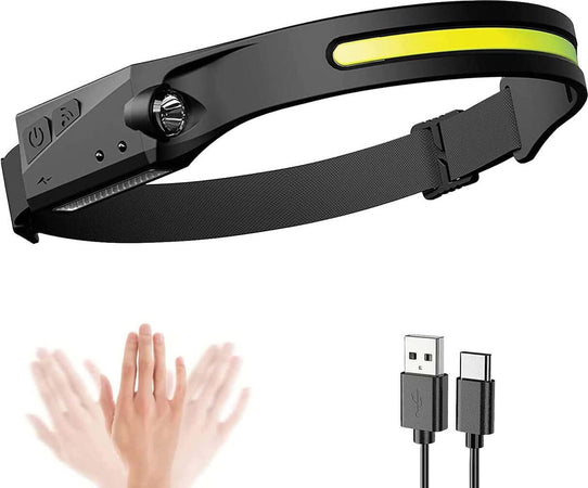 Lampada Frontale a LED COB Testa Faro esterno con Sensore Illuminazione a Induzione a 230° Torcia frontale impermeabile Ricaricabile USB-C per escursionismo, campeggio, riparazione