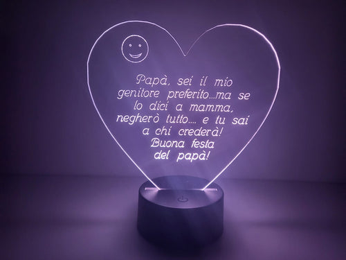 LAMPADA IN PLEXIGLASS REGALO FESTA DEL PAPA' CUORE AMORE PERSONALIZZATA LUCE LED RGB
