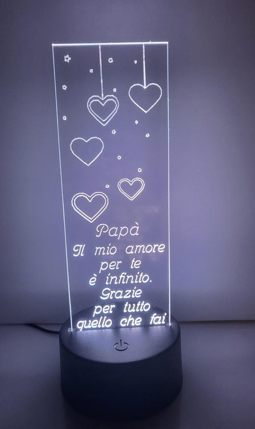 LAMPADA IN PLEXIGLASS REGALO FESTA DEL PAPA' CUORE FRASI AMORE PERSONALIZZATA LUCE LED RGB